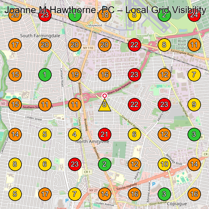 Joanne M Hawthorne, PC Legal Services GeoGrid ranking map for Farmingdale NY